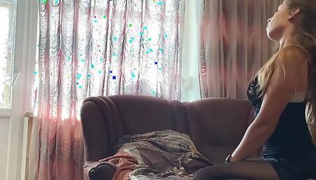 Amy Teasing in Black Mini Dress and Pantyhose