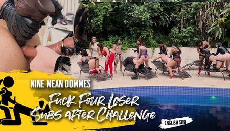 9 Dommes challenge 4 pet-boys to fetch the ball beting their own asses (1080 EN-sub)