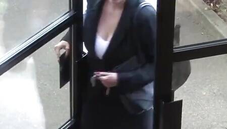 Trashy blonde slut wraps huge tits around cock