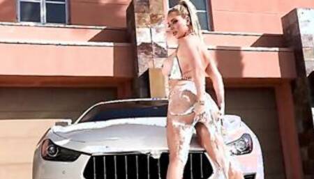 Half-naked blonde washed the mans car and gave him in the ass - Savannah Bond