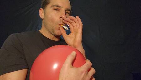 Guy smoking a cigarette and popping a red balloon