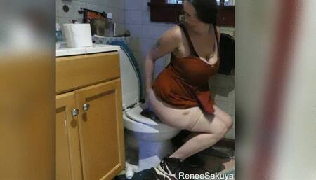 Using bathroom smelling shoes, toilet gets stopped up, plunging it, plunger fetish, part 2