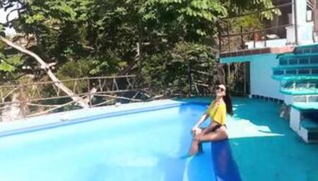 German slim dark hair MILF screwed inside holiday at the pool POV