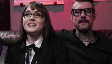 Shemale deep throats tattooed cock to her master