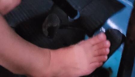 Driving the blue van Barefoot