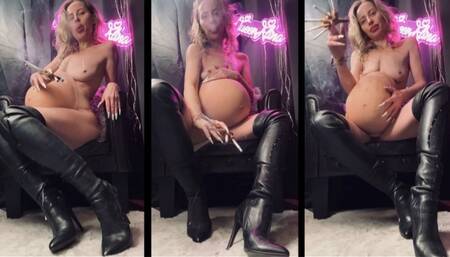Preggo MILF bitch smokes 5 at once with bronchitis in sexy boots