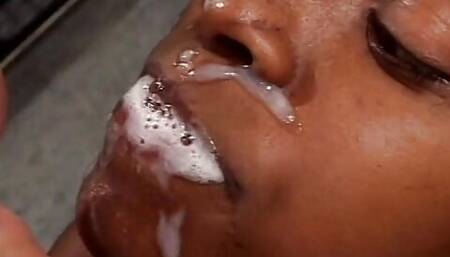 Nice quickie with pretty ebony schoolgirl in the changing room ended with facial