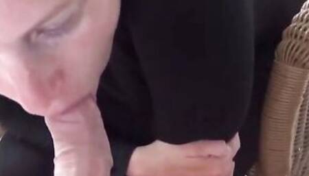 Sexy girl suck cock passionately on the balcony