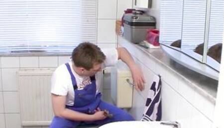 German normal bimbos fucks anal with the caretaker inside the toilet