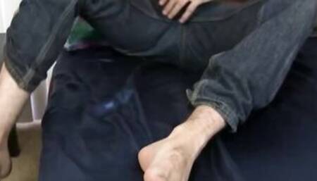 Just the smell of his own foot makes his penis rock rough