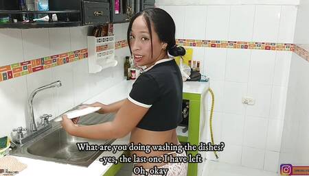 Petite Brunette Is Fucked by Her Horny Stepbrother in the Kitchen While They Are Home Alone - Porn in Spanish