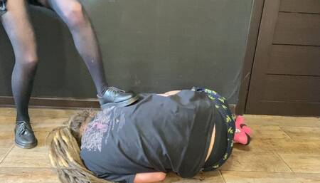 Hands trampling, push-up training, kicking, ballbusting and weight humiliation for a weak bitch