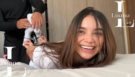 Tickles Time: Luana in Cuffs & Nike White Crew Socks (Hogcuffed, Leggings, White T shirt, Bed)