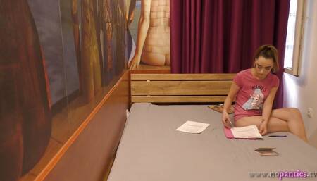 Hot Petite Tight Shaved Pussy Alice in the Room with only a Tshirt and Shoes to Flash Pussy and her Naked Ass