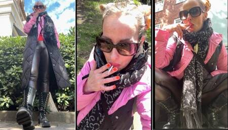 Smoking slim cigs in public in leather leggings and boots