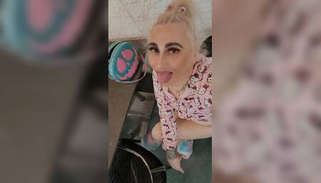 Fun with My Pink Vibrator on My Yellow Settee