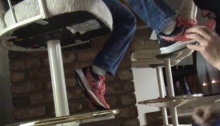 Red New Balance Barstool shoe and sock worship