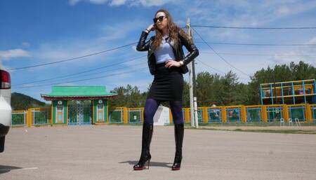 Very tall sexy hottie in high heels pedal pumping, driving and walking