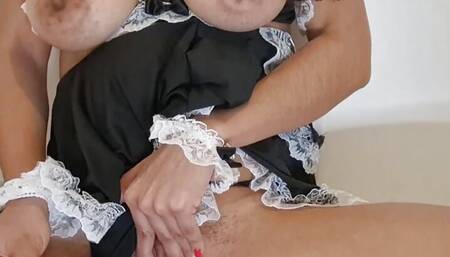 Vends-ta-culotte - Stunning French mixed-race girl in sexy maid costume shows off and masturbates