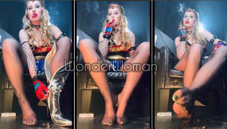 WonderWoman use the villain looser as her human ashtray and nylon worshipper