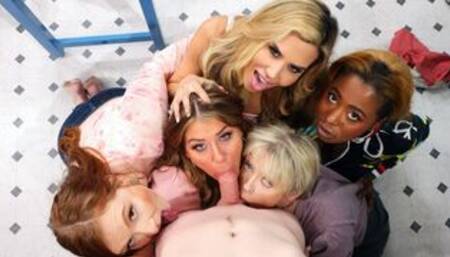 Guy fucks busty milfs in a laundry room