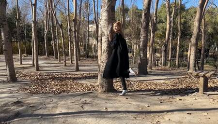 girl in high heels and snowy white socks walks down the street and loses her shoes, getting her socks dirty