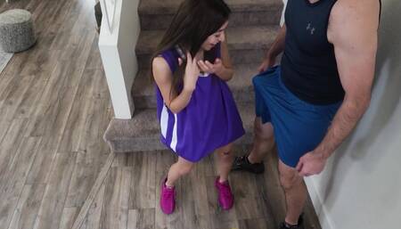 Extra small brunette Amber Summer is fucked by basketball player Chris Epic