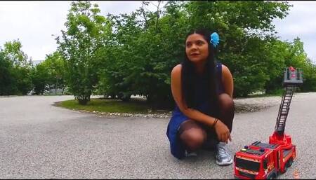 Destroy crush, trample, crushing Big large fire truck with ballerinas and sneakers kick hard