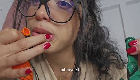 Marianna chews balloons to test their quality