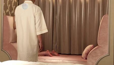 Tasting the slender body of a student wearing see-through lingerie on a pink sofa（ver.2）.