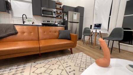 Tgirl fucks her tight ass on the living room couch