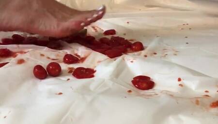 Feet fetish crushing food squishing tomatoes white toenails high arch