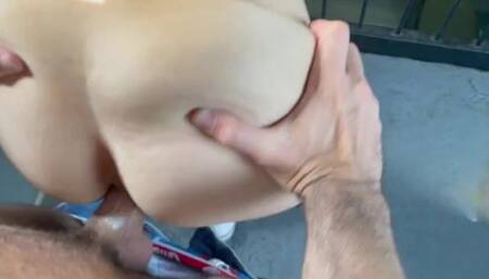 Husband Films Hotwife Fucking Friend in Public Stairwell / Public Creampie