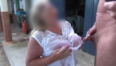 Pissing Over My Huge Tits Outside. While I Wank in a White Blouse