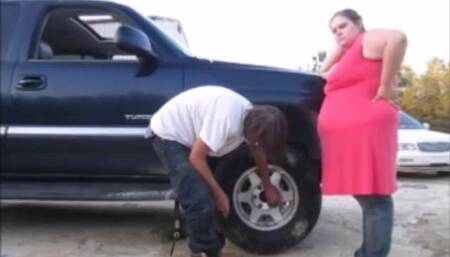 wife alone on dirt road pay with sex for stranger to change her flat tire