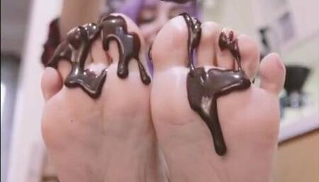 FEET LICKING FETISH | Chocolate Syrup in the kitchen.