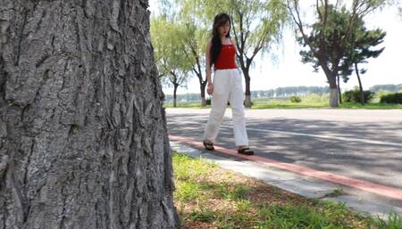 Beautiful girl was tied into the car and tickled