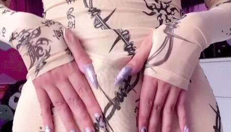 sexy trans with big dick shoots a load all over her thigh