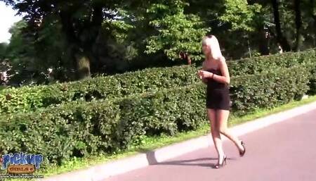 Naughty blonde seduced into public fuck by two guys