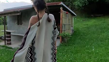 Perfect body girl strips while walking outdoors