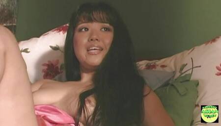 Skinny Asian Brunette Orgasms While Riding Long Shaft in Reverse Cowgirl Position on the Bed