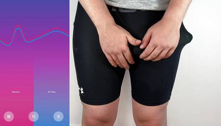 Huge cock hands free anal vibrator cumshot in tight pants