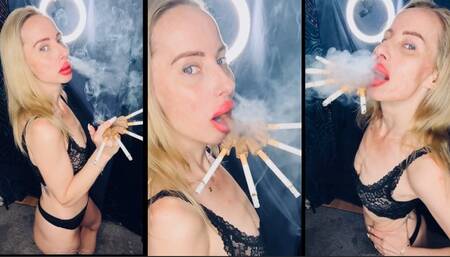 Smoking 5 at once with my holder much dangling and nose exhales