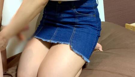 handjob cum onto denim tight skirt