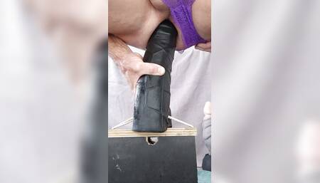 Purple Panties CD Rides Huge Black Dildo 1