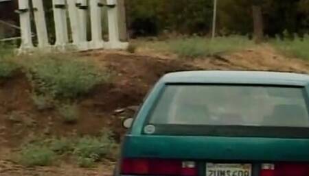 Big boobed blonde eats cum after outdoor fuck