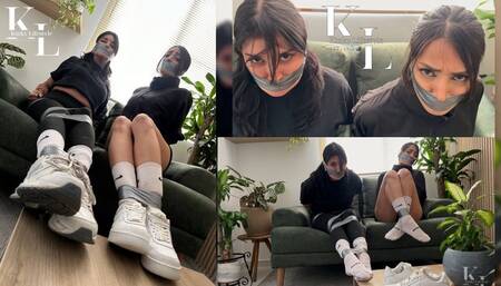 Taped Up Struggling - Simona & Mara in White Crew Socks (Duct Tape, WrapGag, Black Outfit, Sneaker fall off)