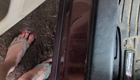 Fifi gets her sedan stuck in mud and loses a flip flop in the mud then desperately pumps the pedals with her muddy feet to try to get it going *new*