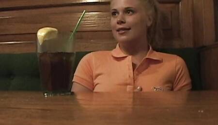 Little Summer fingering pussy in restaurant