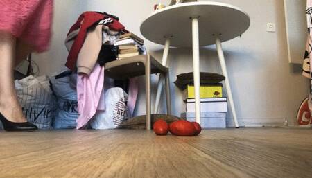 Crush tomatoes with heels and bare feet!
